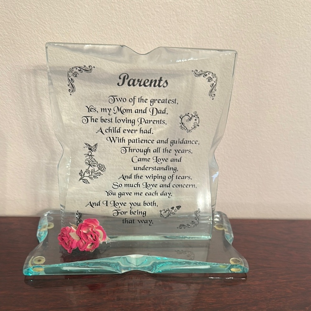 Glass Plaque with Pink Rose Accent